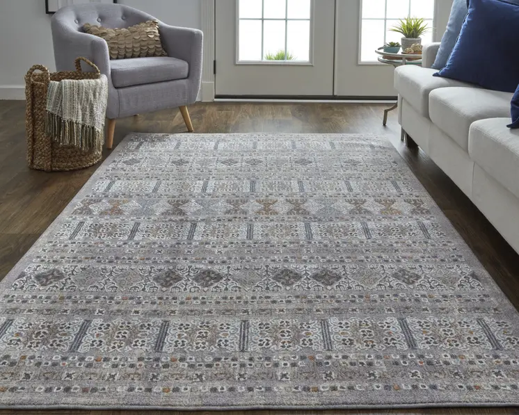 12' X 15' Orange Gray And White Geometric Power Loom Distressed Stain Resistant Area Rug