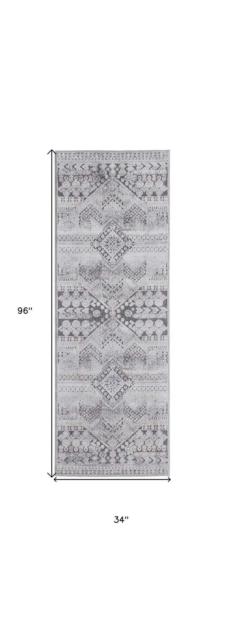 8' Ivory And Gray Geometric Power Loom Distressed Stain Resistant Runner Rug