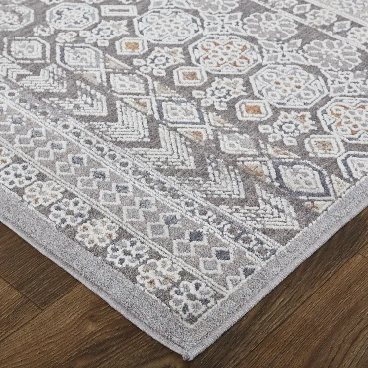 2' X 3' Ivory And Gray Geometric Power Loom Distressed Stain Resistant Area Rug