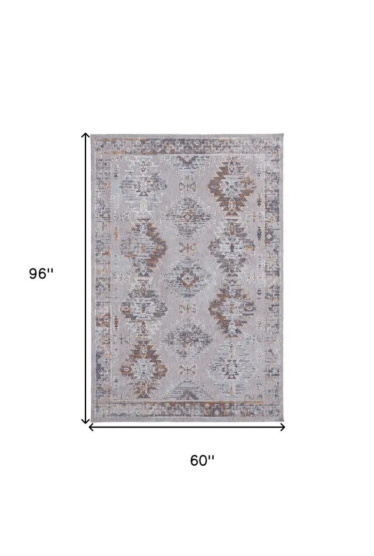 5' X 8' Blue and Gray Geometric Power Loom Distressed Area Rug