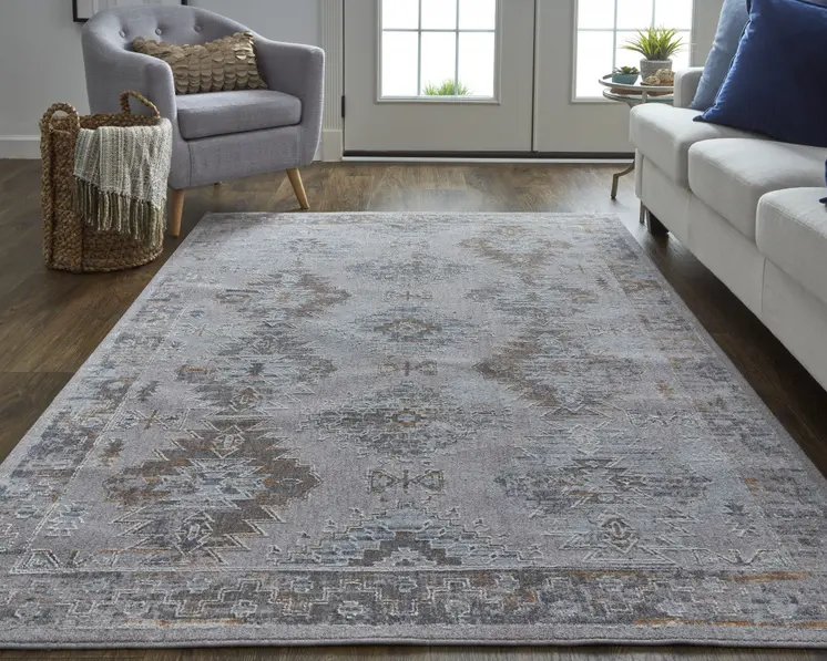 5' X 8' Blue and Gray Geometric Power Loom Distressed Area Rug