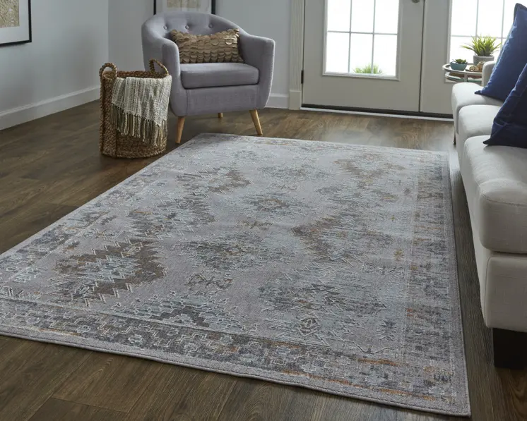 5' X 8' Blue and Gray Geometric Power Loom Distressed Area Rug