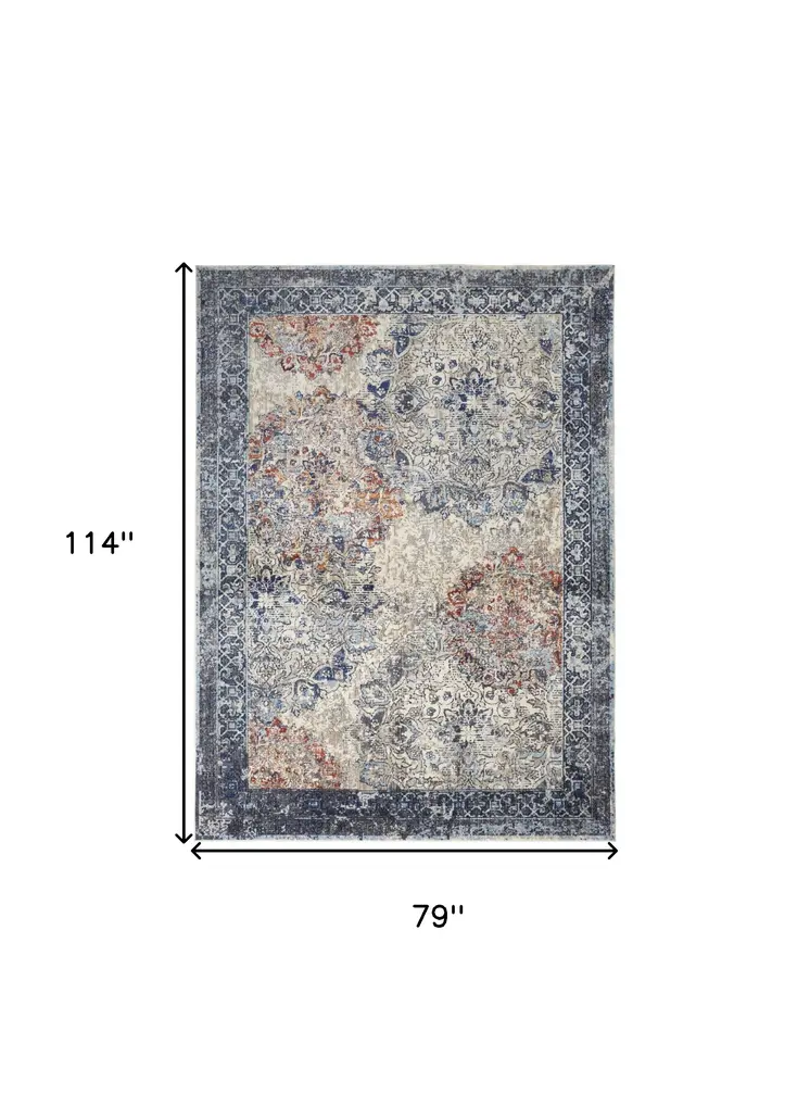 7' X 10' Blue and Ivory Floral Power Loom Distressed Non Skid Area Rug