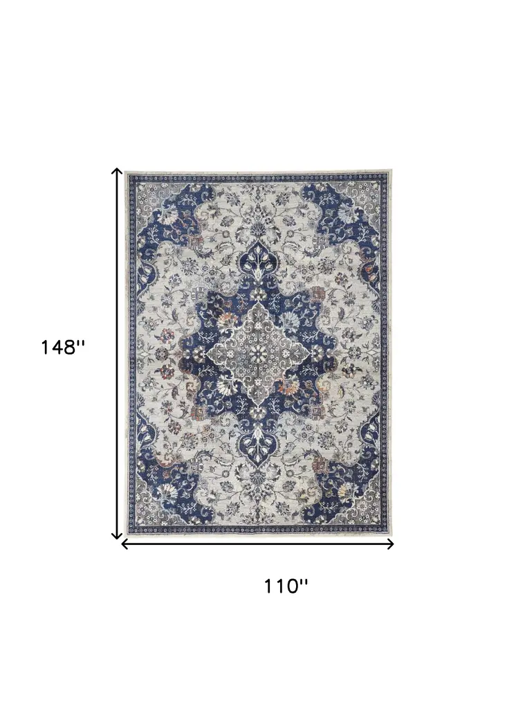 9' X 12' Gray Ivory And Blue Floral Power Loom Distressed Stain Resistant Area Rug