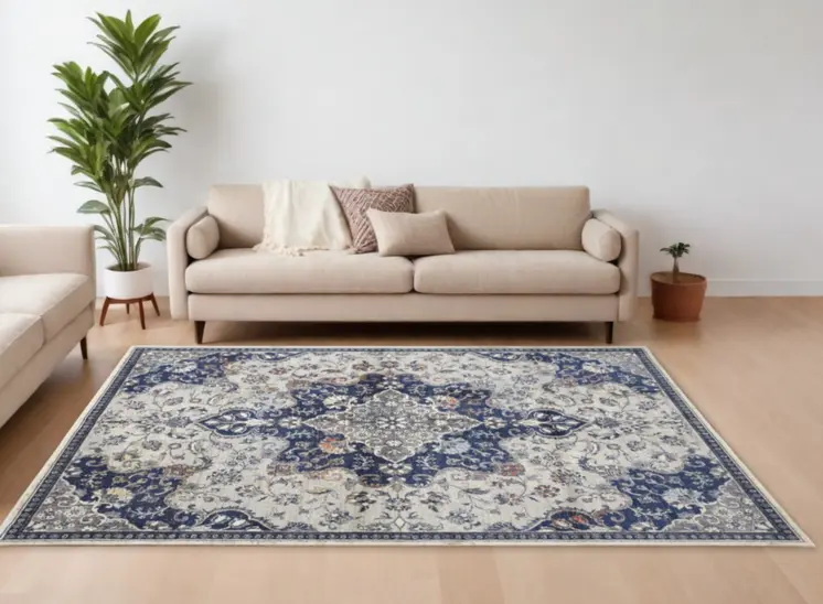 9' X 12' Gray Ivory And Blue Floral Power Loom Distressed Stain Resistant Area Rug