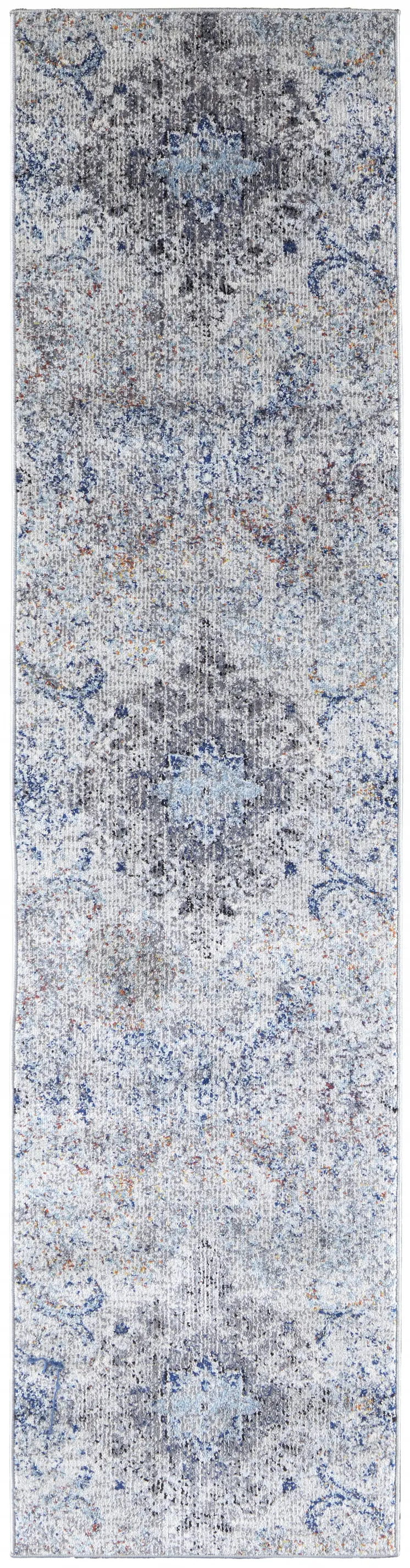 8' Ivory Taupe And Blue Floral Power Loom Distressed Stain Resistant Runner Rug
