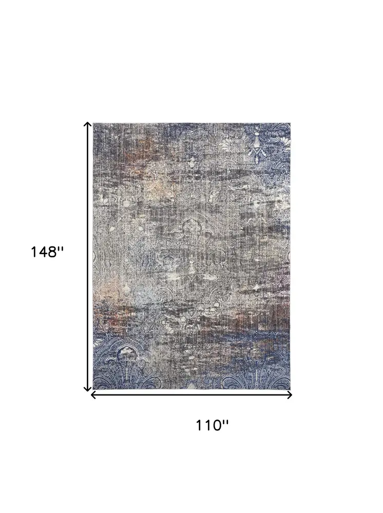 9' X 12' Taupe Blue And Ivory Abstract Power Loom Distressed Stain Resistant Area Rug