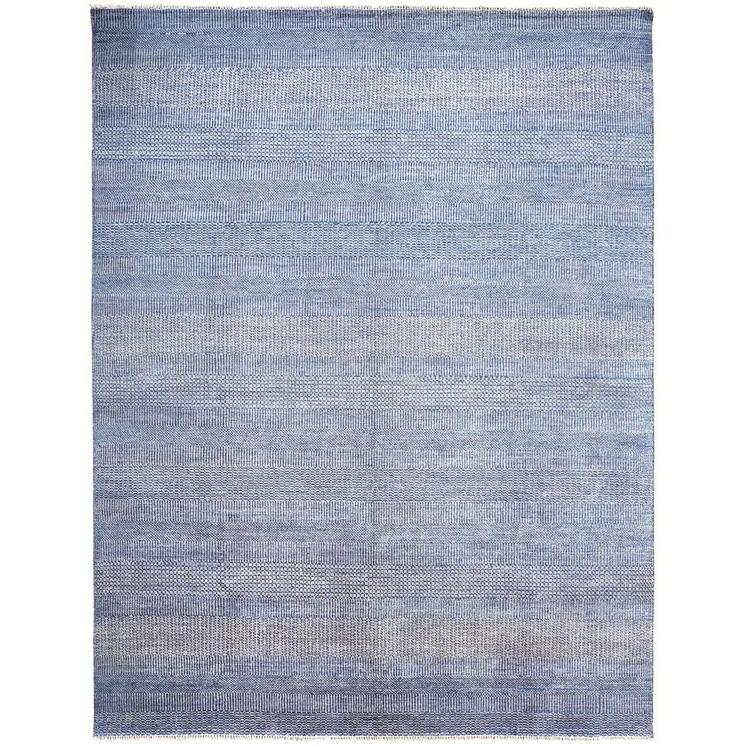 9' X 12' Blue and Silver Wool Striped Hand KNotted Area Rug