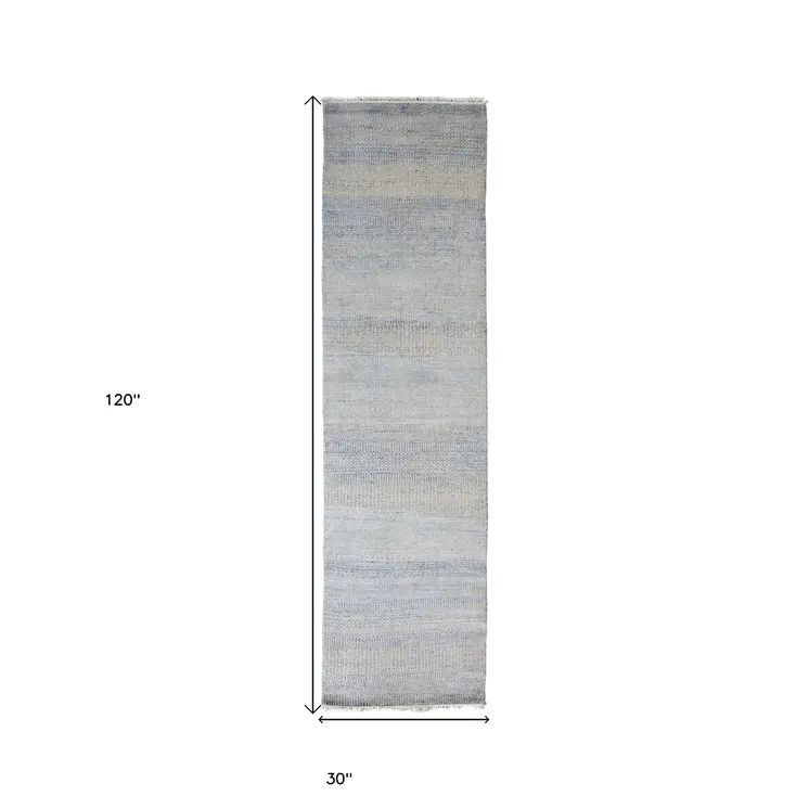 10' Blue And Silver Wool Striped Shag Hand Knotted Runner Rug
