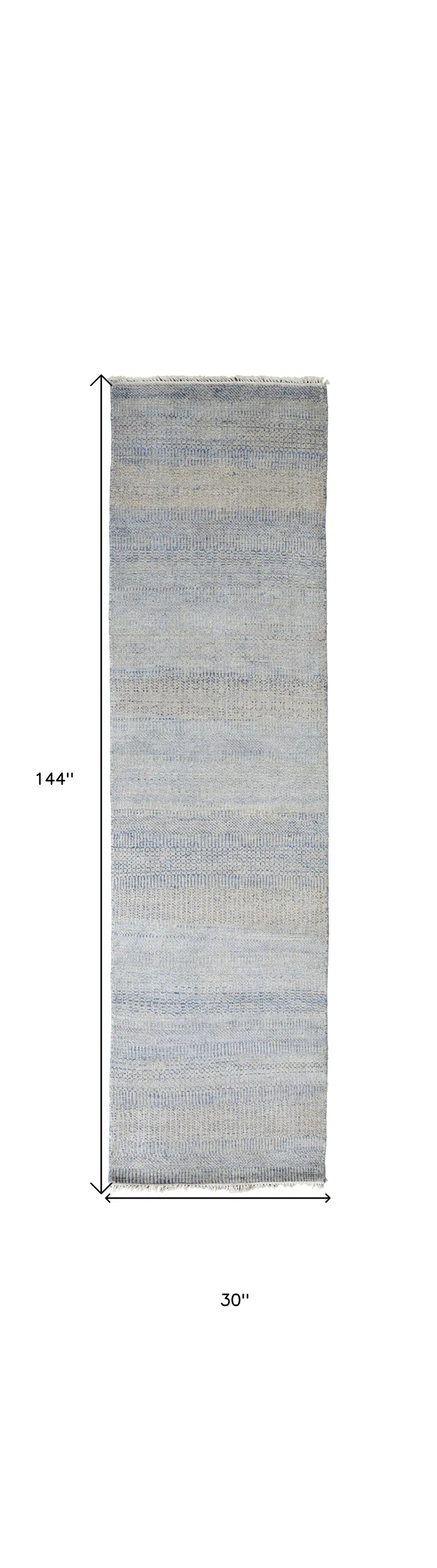 12' Blue And Silver Wool Striped Hand Knotted Runner Rug