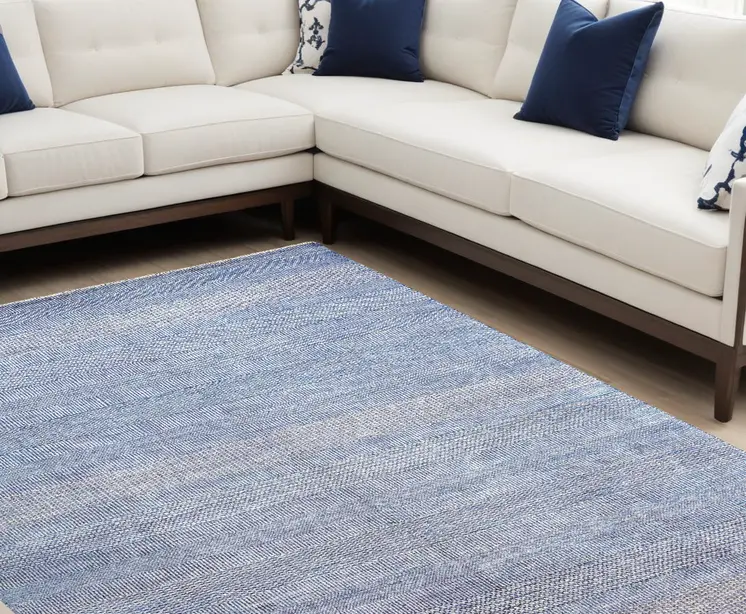 12' X 15' Blue and Ivory Wool Striped Shag Hand Knotted Area Rug