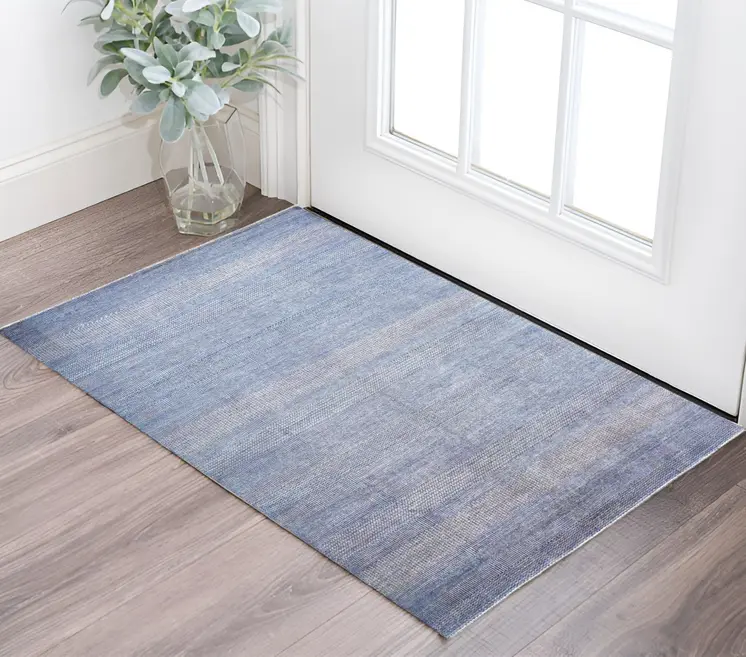 2' X 3' Blue and Silver Wool Striped Hand Knotted Area Rug
