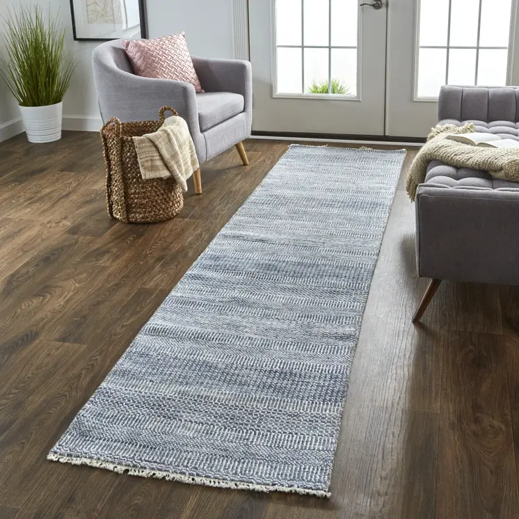 10' Blue And Gray Wool Striped Hand Knotted Runner Rug