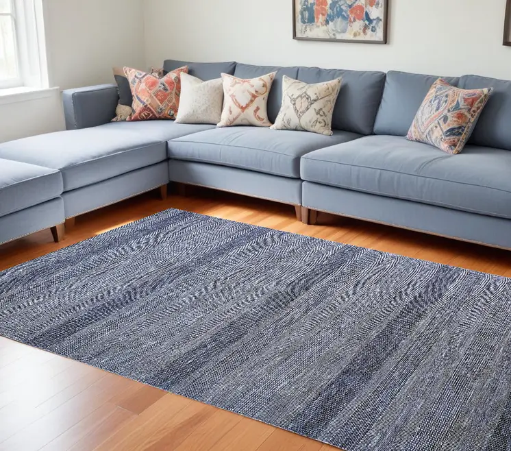 12' X 15' Blue And Silver Wool Striped Hand Knotted Area Rug