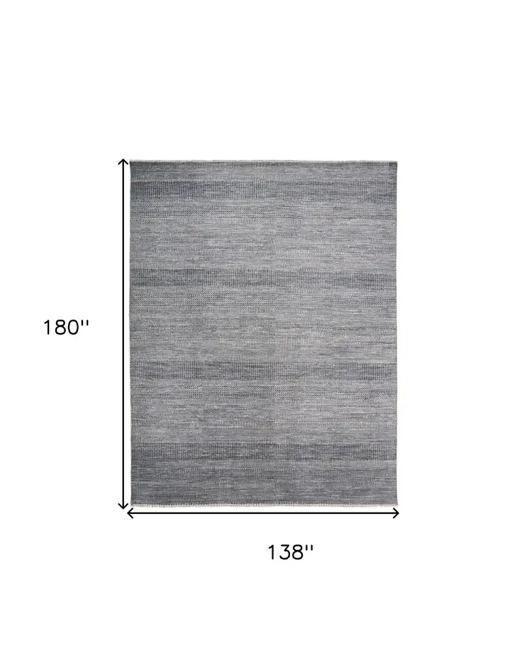 12' X 15' Blue and Silver Wool Striped Shag Hand Knotted Area Rug