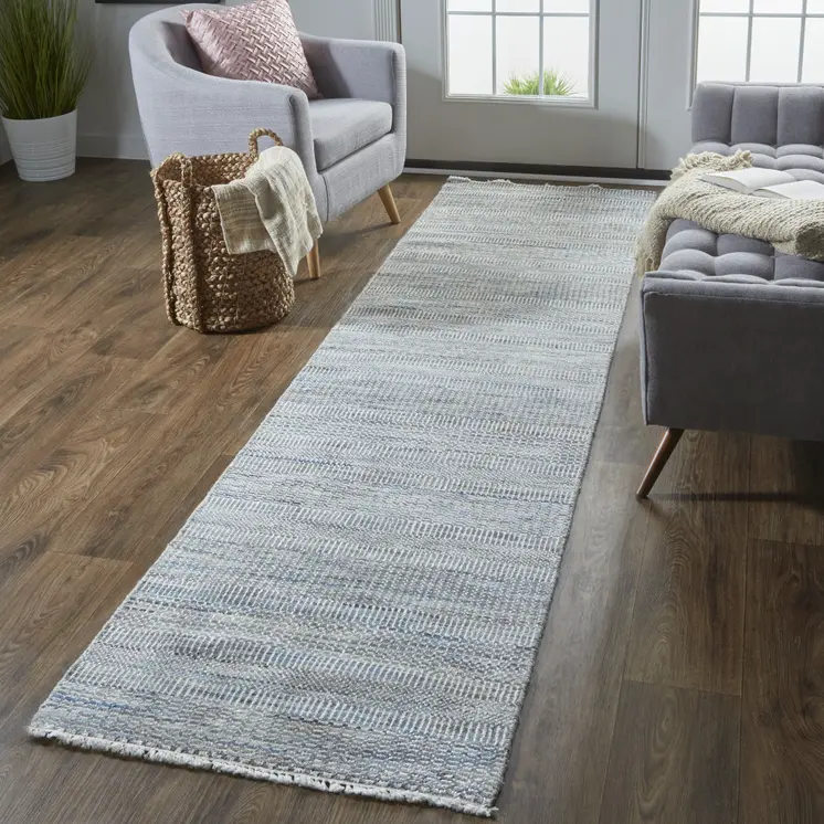 12' Silver Wool Striped Hand Knotted Runner Rug