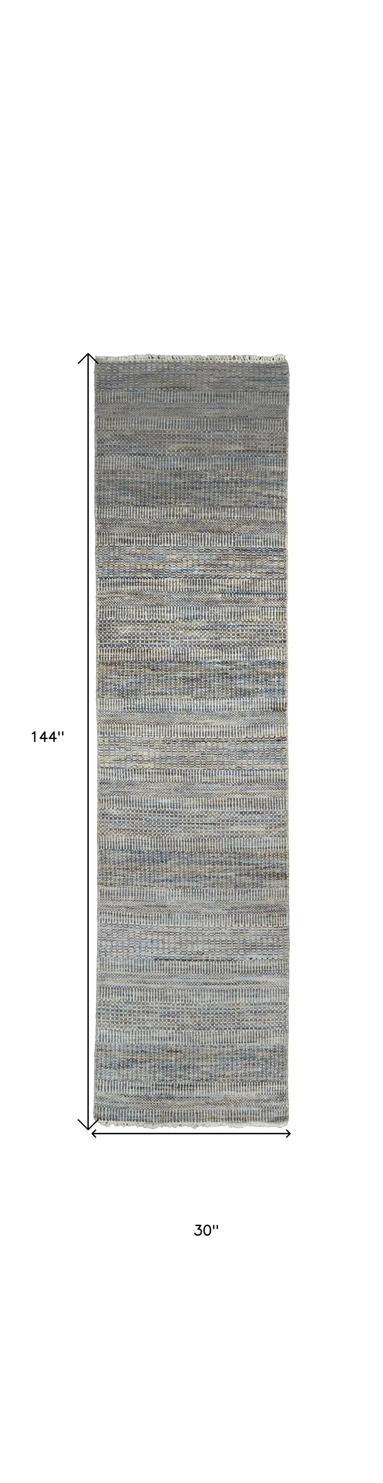 12' Silver Wool Striped Hand Knotted Runner Rug