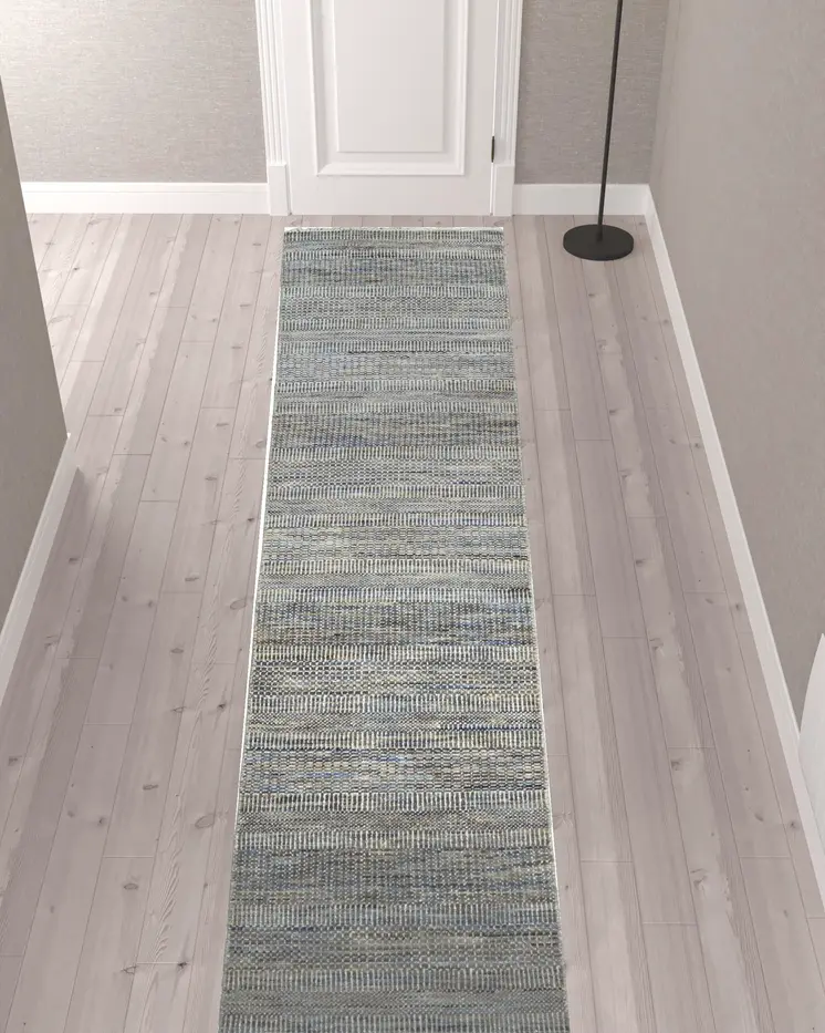 12' Silver Wool Striped Hand Knotted Runner Rug