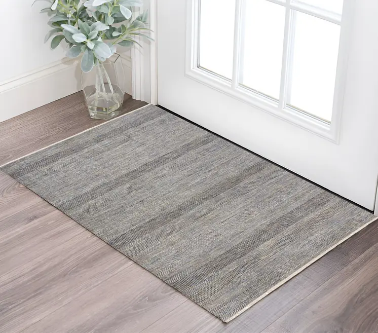 2' X 3' Silver Wool Striped Hand Knotted Area Rug