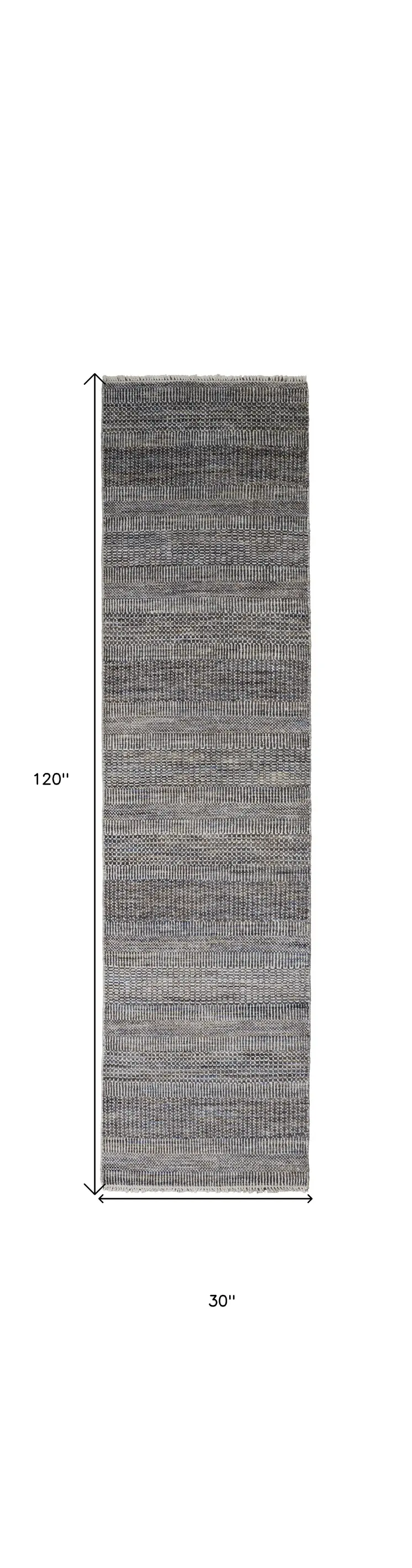 10' Gray Wool Striped Hand Knotted Runner Rug