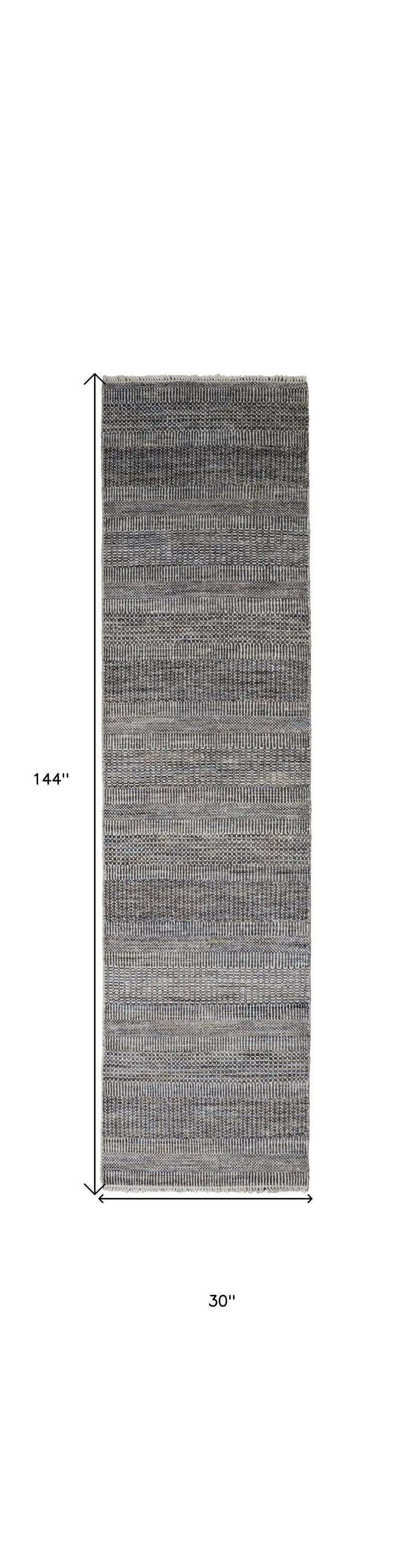 12' Gray Wool Striped Hand Knotted Runner Rug