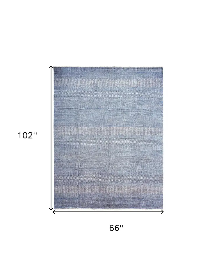 5' X 8' Blue And Silver Wool Striped Hand Knotted Area Rug