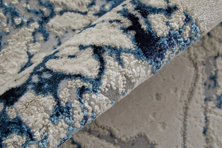 8' Ivory Blue And Black Abstract Power Loom Distressed Runner Rug