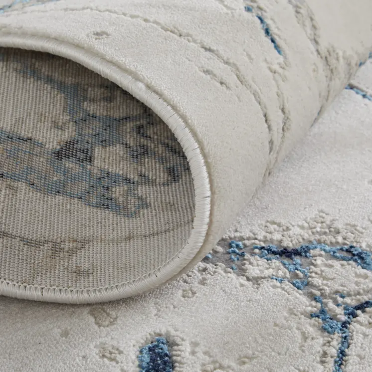 8' Ivory Blue And Black Abstract Power Loom Distressed Runner Rug