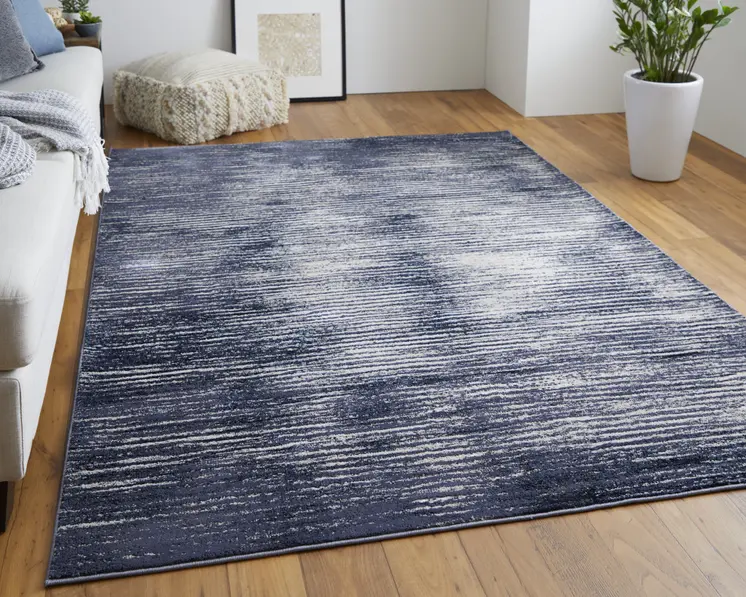 4' X 6' Blue and Ivory Striped Power Loom Distressed Non Skid Area Rug