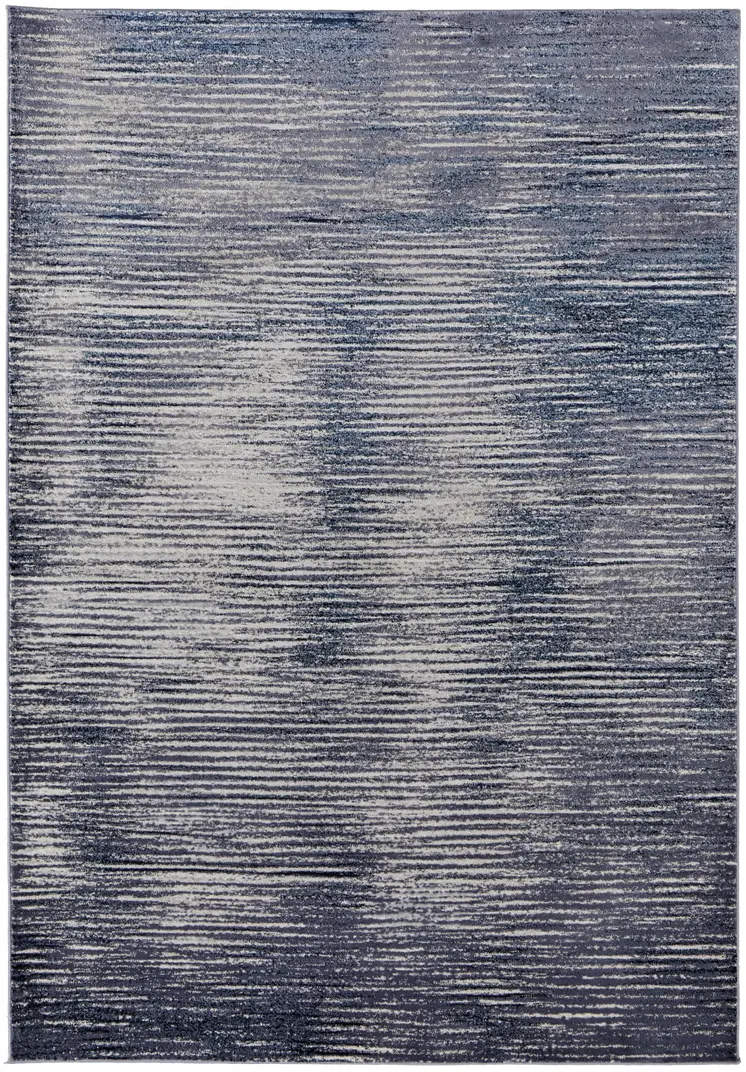 7' X 10' Blue and Ivory Striped Power Loom Distressed Non Skid Area Rug