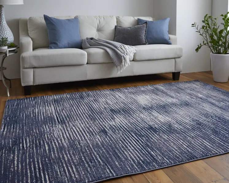 7' X 10' Blue and Ivory Striped Power Loom Distressed Non Skid Area Rug