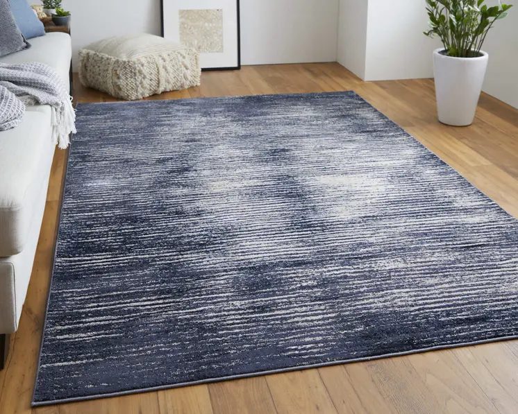 10' X 13' Blue Gray And Ivory Striped Power Loom Distressed Area Rug
