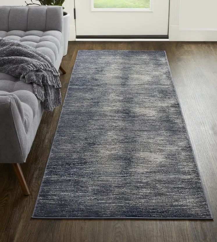 8' Blue Gray And Ivory Striped Power Loom Distressed Runner Rug