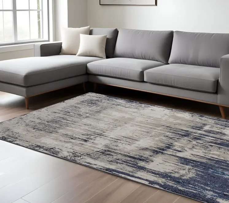 8' X 10' Tan and Blue Abstract Power Loom Distressed Non Skid Area Rug