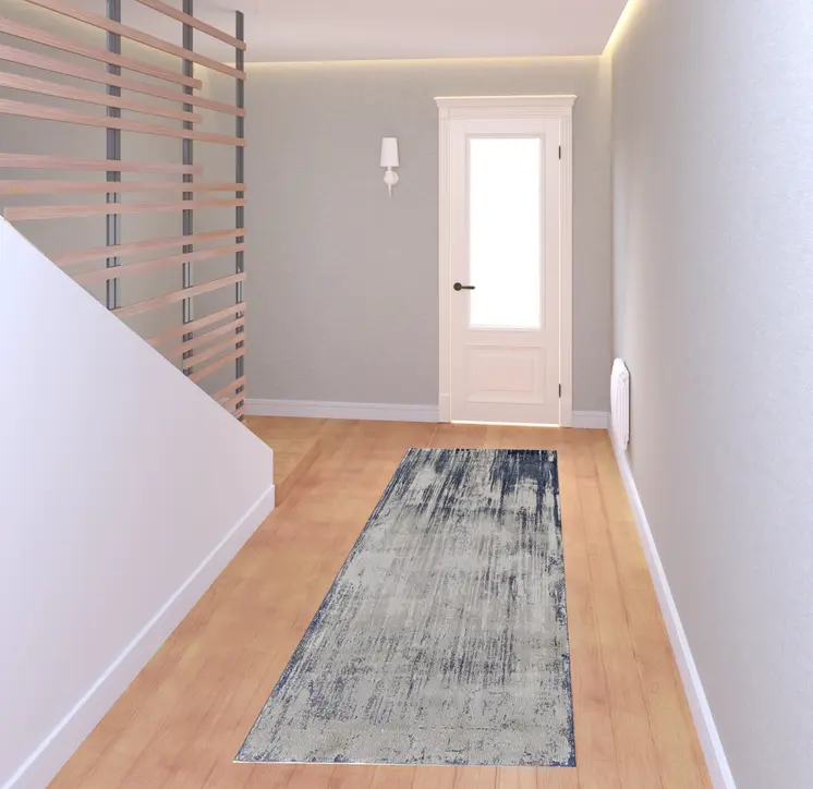 8' Tan Blue And Ivory Abstract Power Loom Distressed Runner Rug