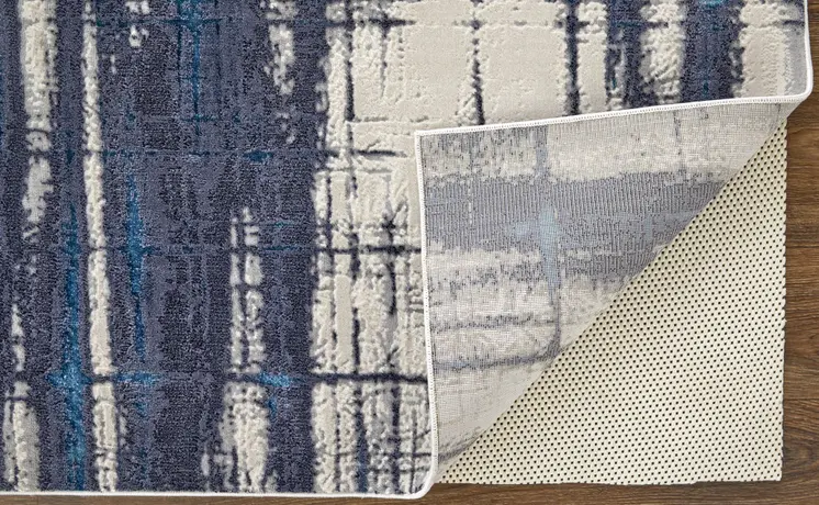 5' X 8' Ivory and Blue Abstract Power Loom Distressed Non Skid Area Rug