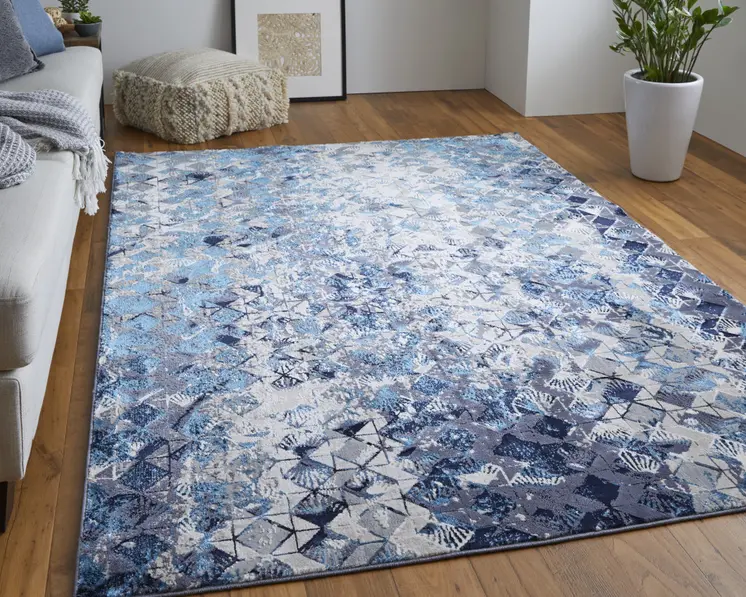4' X 6' Blue and Ivory Geometric Power Loom Distressed Non Skid Area Rug