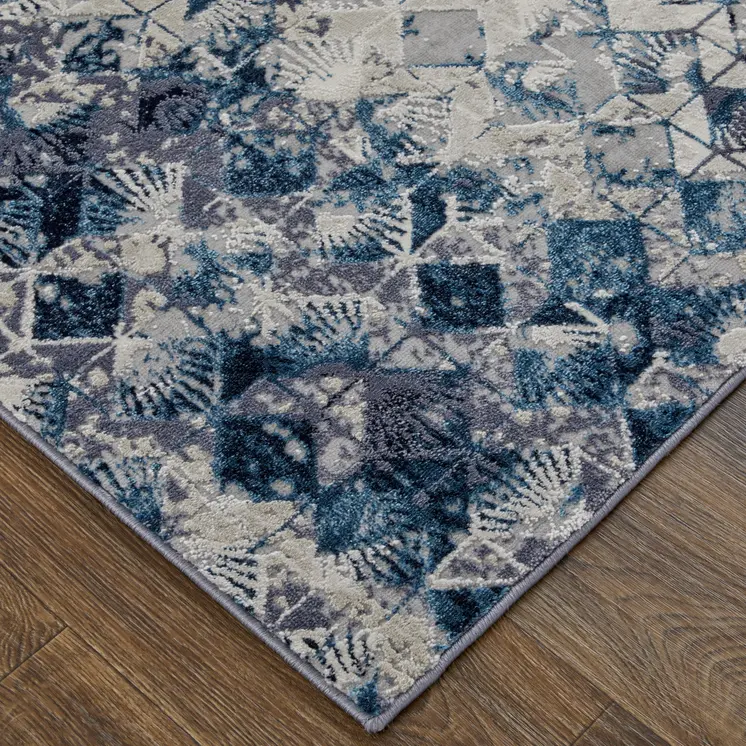 4' X 6' Blue and Ivory Geometric Power Loom Distressed Non Skid Area Rug