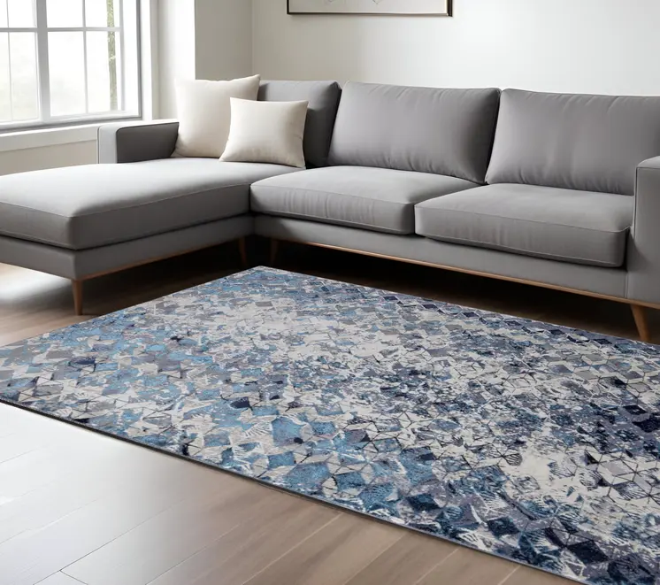 8' X 10' Blue Ivory And Gray Geometric Power Loom Distressed Area Rug