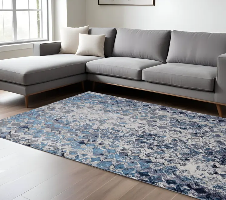 7' X 10' Blue and Ivory Geometric Power Loom Distressed Non Skid Area Rug