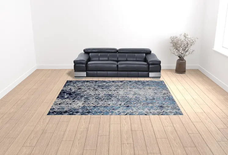 9' X 12' Blue Ivory And Gray Geometric Power Loom Distressed Area Rug