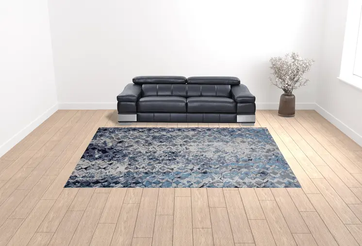 10' X 13' Blue Ivory And Gray Geometric Power Loom Distressed Area Rug