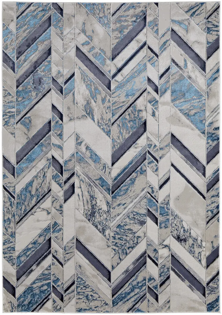 4' X 6' Ivory and Blue Chevron Power Loom Distressed Area Rug