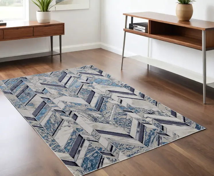 4' X 6' Ivory and Blue Chevron Power Loom Distressed Area Rug