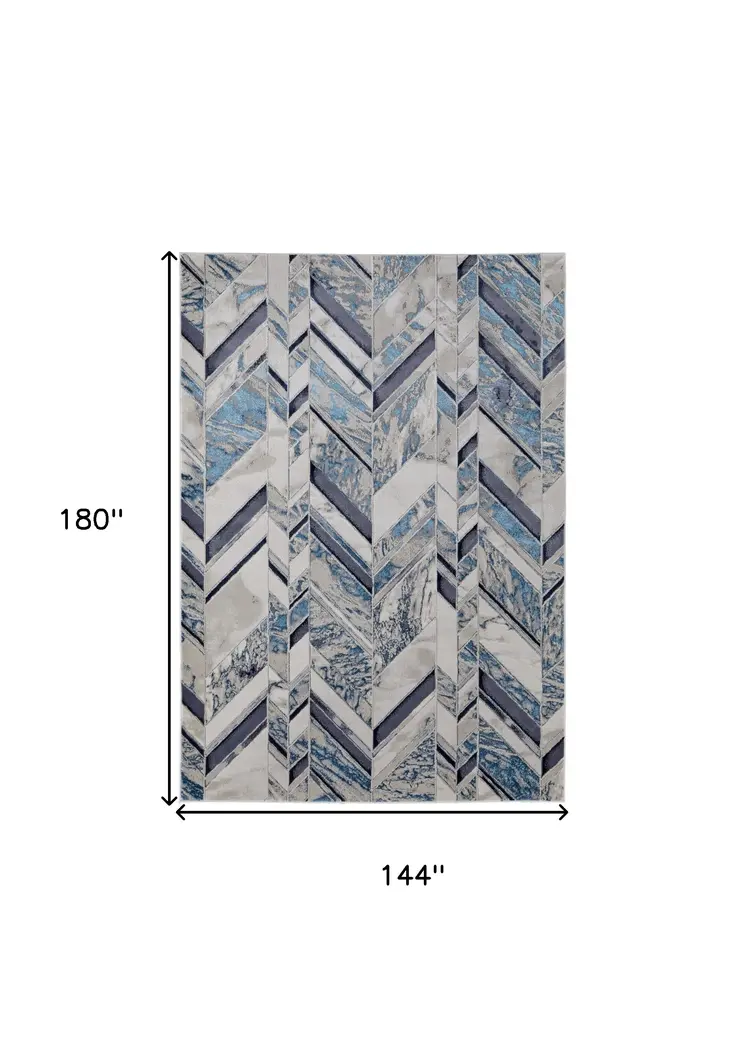 12' X 15' Ivory Blue And Gray Chevron Power Loom Distressed Area Rug
