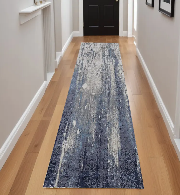 8' Ivory Blue And Black Abstract Power Loom Distressed Runner Rug