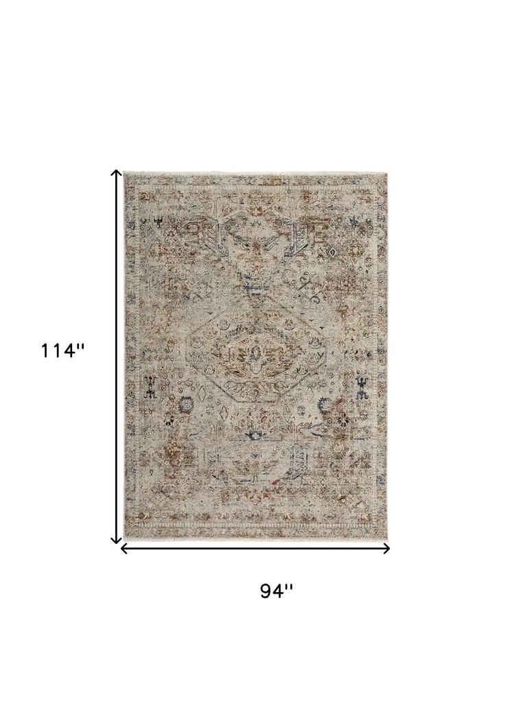 8' X 10' Tan and Red Floral Power Loom Distressed Non Skid Area Rug With Fringe