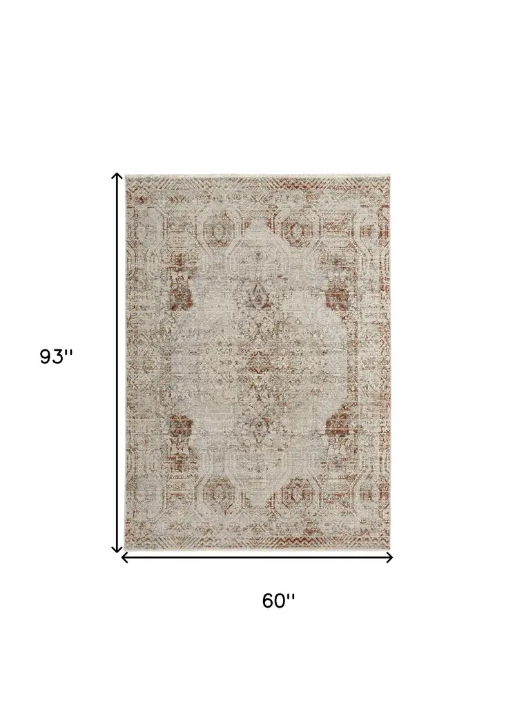 5' X 8' Gray Ivory And Burnt Orange Oriental Distressed Area Rug With Fringe