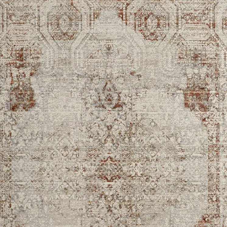 5' X 8' Gray Ivory And Burnt Orange Oriental Distressed Area Rug With Fringe