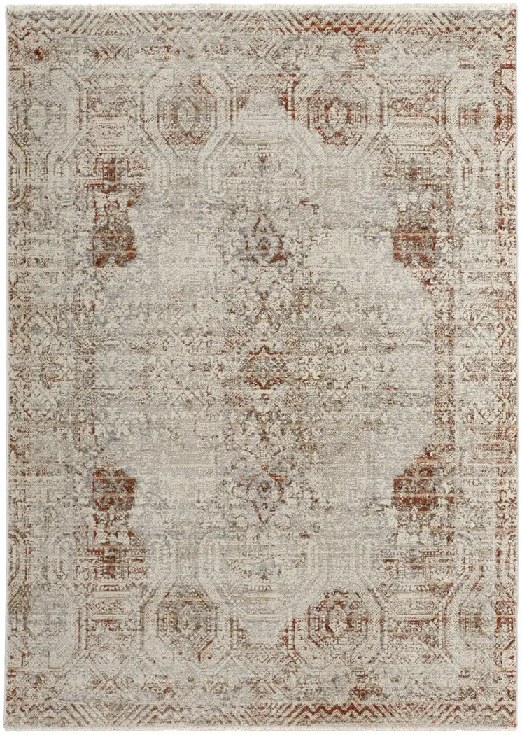 8' X 10' Tan and Ivory Floral Power Loom Distressed Non Skid Area Rug With Fringe